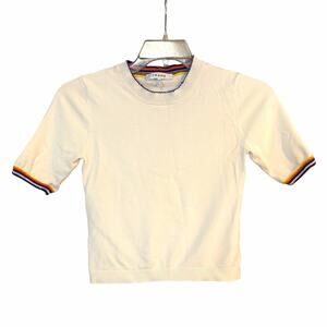 FRAME Size Small White Cropped Knit Crewneck Tee with Contrast Stripe Sleeves